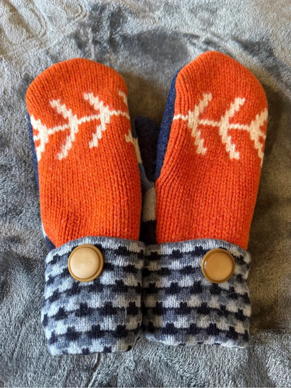 Upcycled Fleece Lined Sweater Mittens M Blue Orange